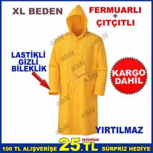 Sağlam Dayanıklı Su Geçirmez Sarı Yağmurluk Pardesü Fermuarlı Hem Çıtçıtlı Kapşonlu Yağmurluk