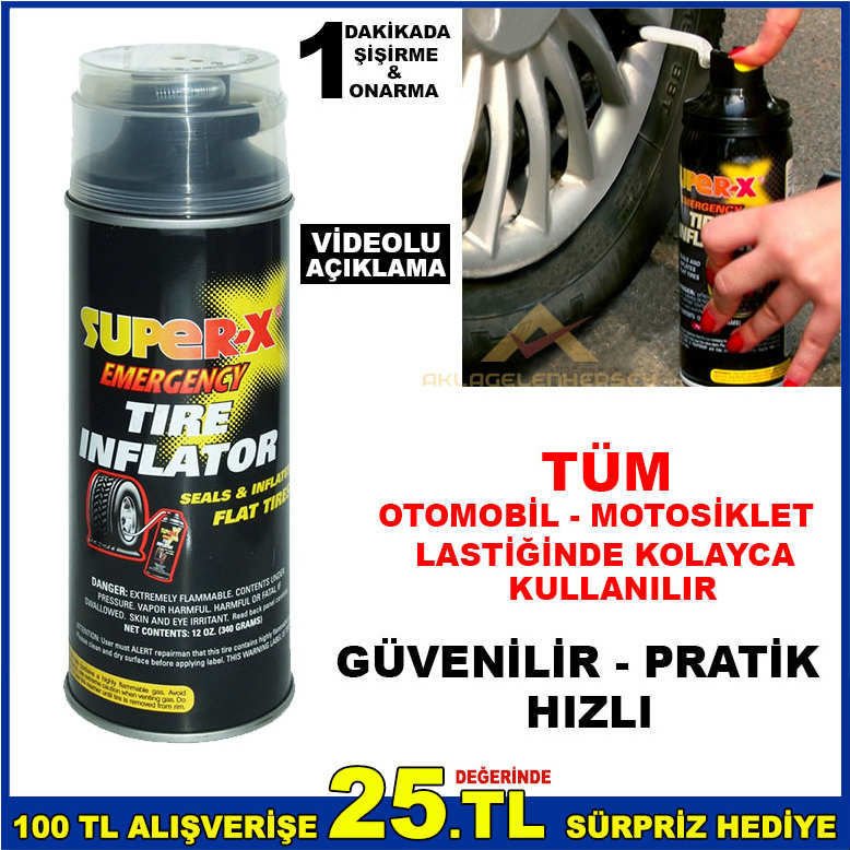 YOLDA KALMAK YOK SUPERX MADE İN USA PRATİK HORTUMLU SPREY KUTULU OTO LASTİK ŞİŞİRİCİ ve TAMİR KİTİ