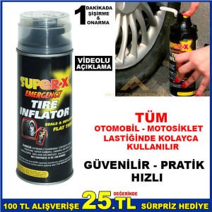 YOLDA KALMAK YOK SUPERX MADE İN USA PRATİK HORTUMLU SPREY KUTULU OTO LASTİK ŞİŞİRİCİ ve TAMİR KİTİ