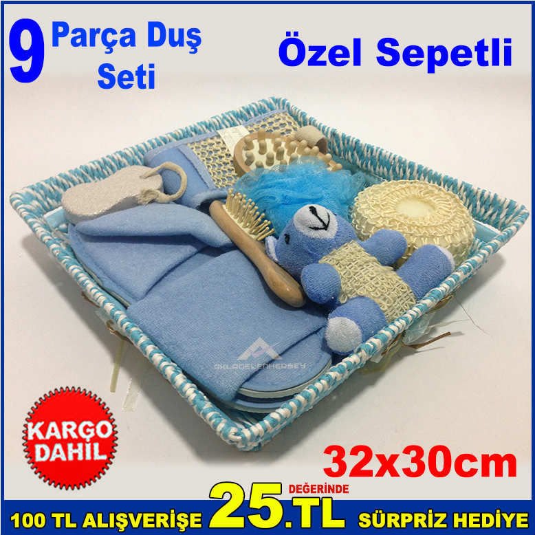 9 Parçadan Oluşan Duş Seti 32x30cm Ebatında Özel Sepetli Kese Seti Dekoratif ve Şık Sıpa Seti