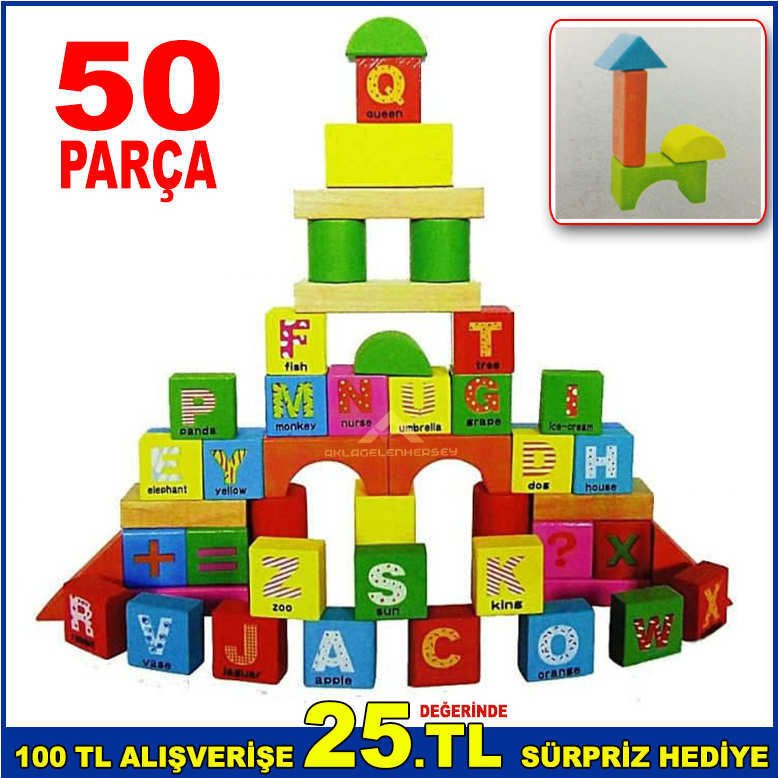 50 PARÇA ALFABE HARFLİ RENKLİ AHŞAP BLOKLAR BULTAKLI ÖZEL KUTUSUNDA AHŞAP BLOK PUZZLE abn34