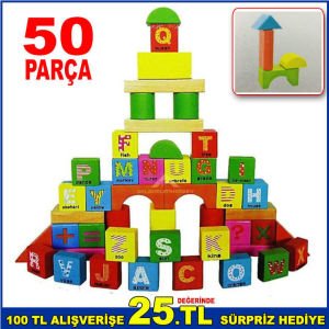 50 PARÇA ALFABE HARFLİ RENKLİ AHŞAP BLOKLAR BULTAKLI ÖZEL KUTUSUNDA AHŞAP BLOK PUZZLE abn34