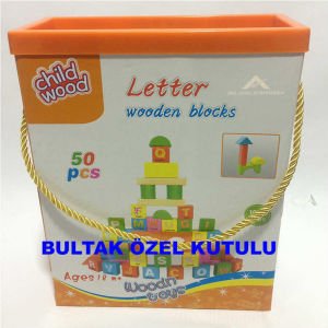 50 PARÇA ALFABE HARFLİ RENKLİ AHŞAP BLOKLAR BULTAKLI ÖZEL KUTUSUNDA AHŞAP BLOK PUZZLE abn34