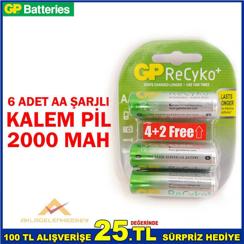 GP RECYKO 2000MAH 4+2 6adet AA ŞARJLI KALEM PİL -1