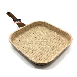 Döküm Granit Kare Grill Tava 28x28cm Özel Tabanlı Izgara Tavası ThermoAD Granit Döküm Tava