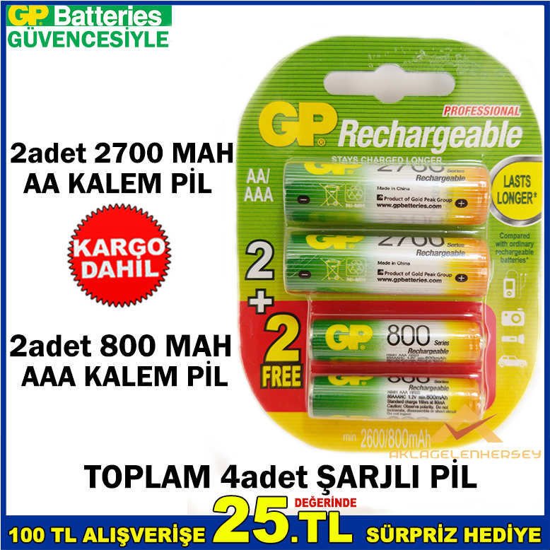 2adet AA 2700 + 2adet AAA 800 ŞARJLI KALEM PİL -1