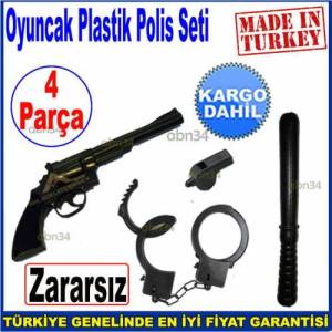 4 Parça Plastik Zararsız Polis Seti Ses Çıkaran Tabanca, Kelepçe, Düdük, Jop Plastik Oyuncak
