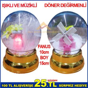 BÜYÜK BOY CAM FANUSLU IŞIKLI MÜZİKLİ DÖNER DEĞİRMENLİ DEKORATİF KAR KÜRESİ