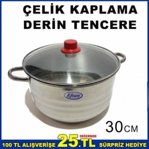 30cm Paslanmaz Çelik Cam Kapaklı Derin Tencere