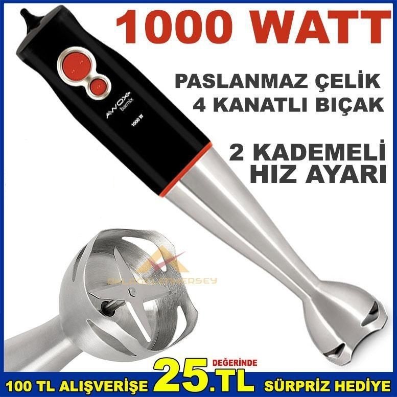 Awox 1000 Watt 2 Kademe Hız Ayarlı 4 Bıçaklı Karıştırıcı Doğrayıcı Çubuk El Blenderi