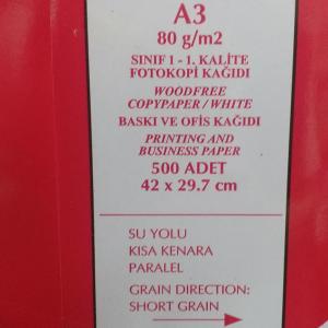1.Kalite 80gr A3 Fotokopi Kağıdı(500 adet)1 Top Ofis Baskı Kağıdı %100 Selülöz 42x29.7 Dönüşüm Kağıt