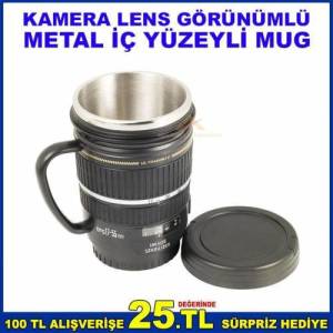 Kamera Lens Görünümlü Metal İç Yüzeyli Kapaklı Mug Lens 17-55 Mm