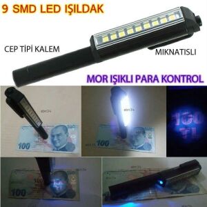 Kalem Tipi 9 Led Mıknatıslı Çalışma Feneri,Mor Işıklı Para Kontrol Feneri ile 9 SMD Led Tamir Feneri