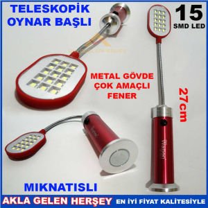 15LED METAL GÖVDELİ OYNAR BAŞLI ÇOK AMAÇLI FENER