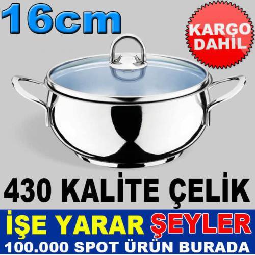 16cm Cam Kapaklı 430 Kalite Çelik Tencere
