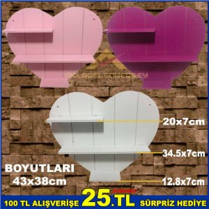 43x38cm BOYUTLARINDA HER ORTAMA UYUMLU KALPLİ TASARIMLI 3 RAFLI DEKORATİF KALPLİ DUVAR RAFI