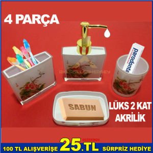 DESENLİ ÇİFTKAT AKRİLİK 4 PARÇA LÜKS BANYO LAVABO SETİ-YEŞİL