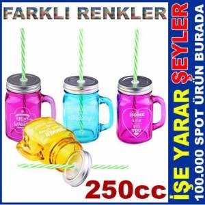 4'lü Set Kulplu Ve Pipetli Cam Kavanoz Bardak