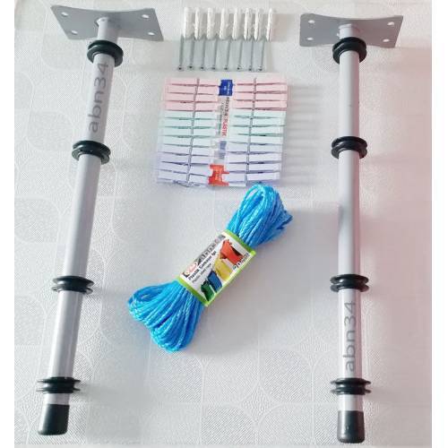 Duvara Monte Balkon ve Pencere tipi Gezer Makaralı Kurutma Askısı,24 Mandal+20 Metre İp+Vida Dahil