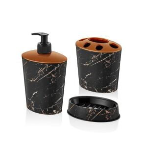 Siyah Mermer Desen 3 Parça Banyo Lavabo Seti Diş Fırçalık Sıvı+Katı Sabunluk Kırılmaz Özel Plastik