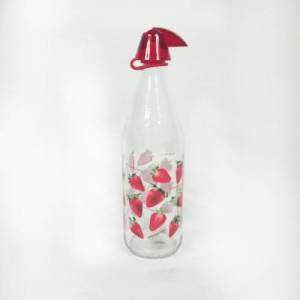 Çilek Baskılı 1 lt Kapasiteli Cam Süt Şişesi Dekoratif Su Şişesi