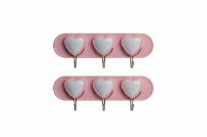 2 Adet 3'lü Kalp Motifli Plastik Pembe Yapışkan Duvar Askısı Banyo Mutfak Askısı