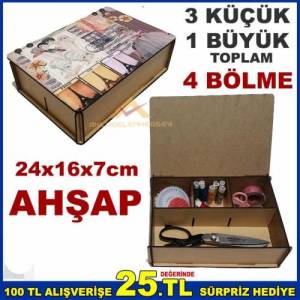 Tablo Desen Kapak 4 Bölme Dikiş Nakış İğne İplik Organize Şık Ahşap Saklama Kutusu