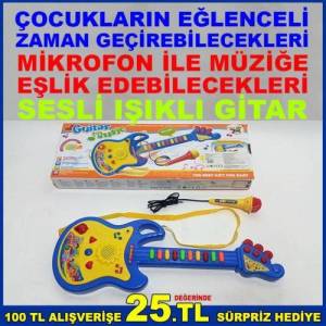 Çocukların Eğlenceli Zaman Geçirebilecekleri Mikrofon İle Müziğe Eşlik Edebilecekleri Sesli Işıklı Gitar