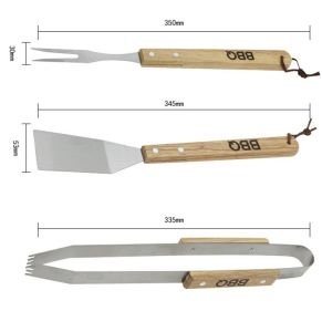 3'lü Ahşap Saplı Paslanmaz Çelik Barbekü Spatula Maşa Çatal Seti Büyük Boy Mangaz Izgara Maşa Takımı