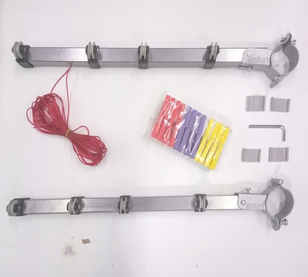 Yuvarlak Küpeşte Demirine Monte Balkon tipi 8 Gezer Makaralı Kurutma Askısı 24 Mandal+20mt İp Dahil