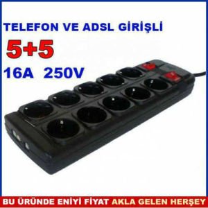 5x2 10 ÇOĞALTICILI AÇMA KAPAMA ANAHTARLI TELEFON VE ADSL GİRİŞLİ 16 AMPER 10'LU GÜVENLİ GRUP PRİZ