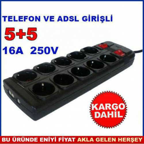 5x2 10 ÇOĞALTICILI AÇMA KAPAMA ANAHTARLI TELEFON VE ADSL GİRİŞLİ 16 AMPER 10'LU GÜVENLİ GRUP PRİZ