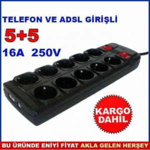 5x2 10 ÇOĞALTICILI AÇMA KAPAMA ANAHTARLI TELEFON VE ADSL GİRİŞLİ 16 AMPER 10'LU GÜVENLİ GRUP PRİZ