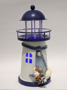 Mavi-Kırmızı Işıklı Satılık Deniz Feneri 2 Renk Led Aydınlatmalı Vintage Metal Biblo Ağ Martı Midye