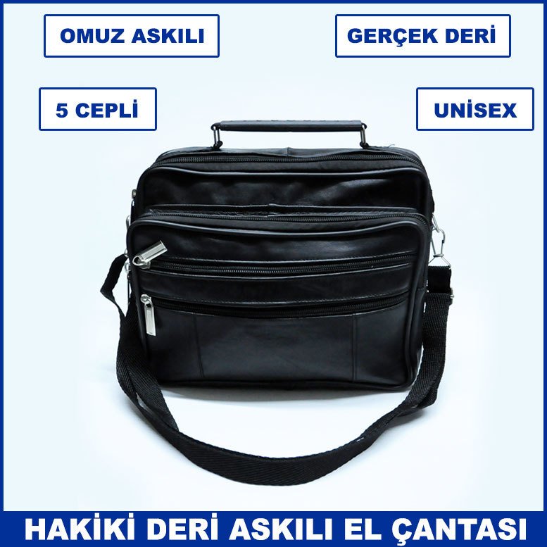 Gerçek Deriden Üretilmiş Omuz Askılı ve Kulplu 5 Cepli  Büyük Boy Unisex Yatay El Çantası
