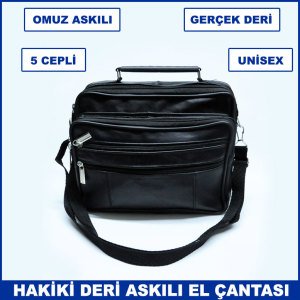 Gerçek Deriden Üretilmiş Omuz Askılı ve Kulplu 5 Cepli  Büyük Boy Unisex Yatay El Çantası