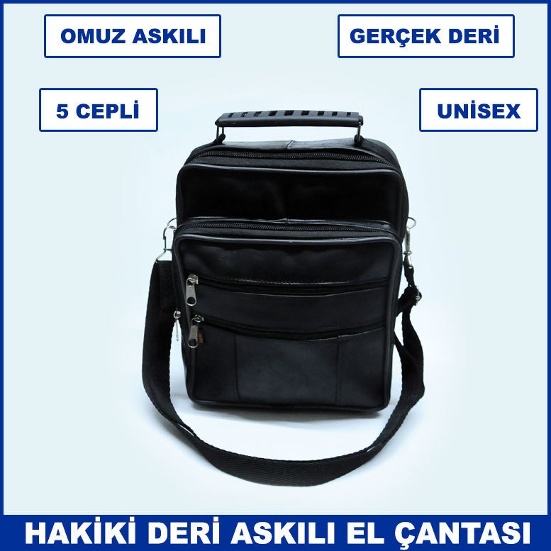 Gerçek Deriden Üretilmiş Omuz Askılı ve Kulplu 5 Cepli Büyük Boy Unisex Dikey El Çantası
