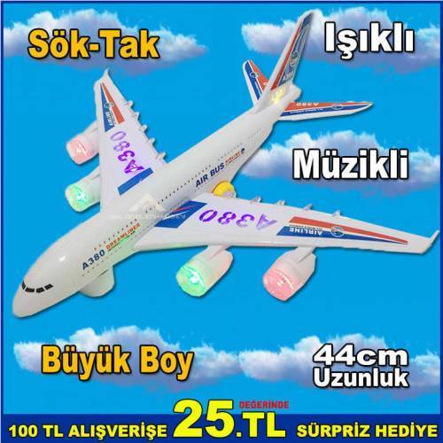 Aırbus A380 Işıklı Ve Müzikli Büyük Boy 6 Parçaya Ayrılabilen Uçak 360º Derece Döner Tekerlekli