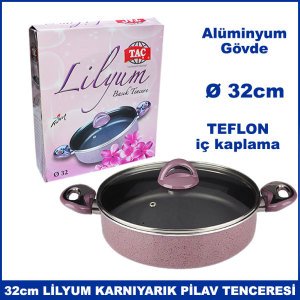 Taç  Lilyum 32cm Cam Kapaklı Karnıyarık Pilav Tenceresi - Alüminyum Gövde - Teflon İç Kaplama