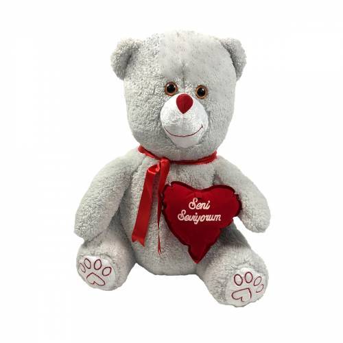 Kalp Tutan Sevimli Gri Peluş Ayı - Sevgiliye Özel Hediyelik 50cm