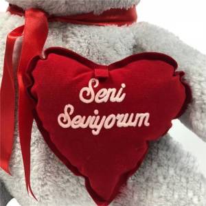 Kalp Tutan Sevimli Gri Peluş Ayı - Sevgiliye Özel Hediyelik 50cm