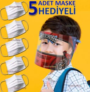 Yarış Motorsikleti Figürü Yüz Koruyucu Çocuk Siperliği 5 Maske 5 Maske Hediyeli Koruyucu Camlı Siperlik Seti
