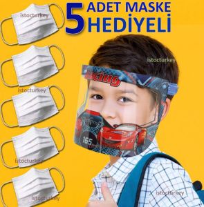 Yarış Arabası Figür Yüz Koruyucu Çocuk Siperliği 5 Maske Hediyeli Koruyucu Camlı Sağlıklı Yaşam Seti