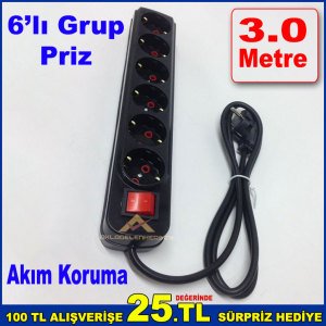 As Grup Akım Korumalı 6'lı Priz 3 Metre Kablo Uzunluğuna Sahip Anahtarlı 6'lı Grup Priz Siyah