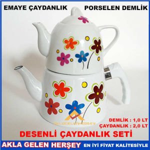 DESENLİ EMAYE ÇAYDANLIK PORSELEN DEMLİK ÇAY SETİ