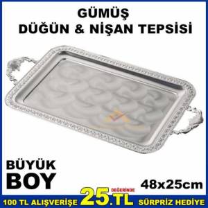 48x25cm Büyük Boy Kare Model Gümüş Nişan Tepsisi