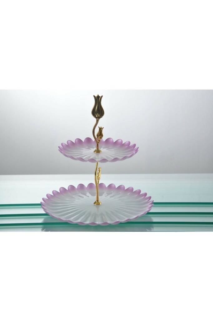 2 Katlı Dekoratif,Zarif, Şık, Cam Sigma Glass Amore Sedef Katlı Kurabiyelik