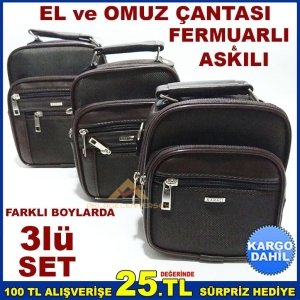 3lüSET FERMUARLI KAHVERENGİ ASKILI ERKEK ÇANTASI