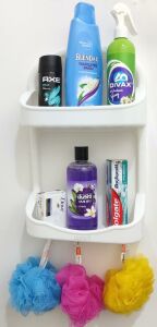 2 Katlı Beyaz Banyo Rafı Askılı Şampuanlık 47x27 Ömür Boyu Paslanmaz Heryere Tek Kanca Pratik Montaj