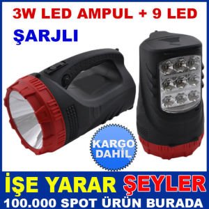 3WLED AMPUL VE 9LED'Lİ ŞARJLI BÜYÜK EL FENERİ KD
